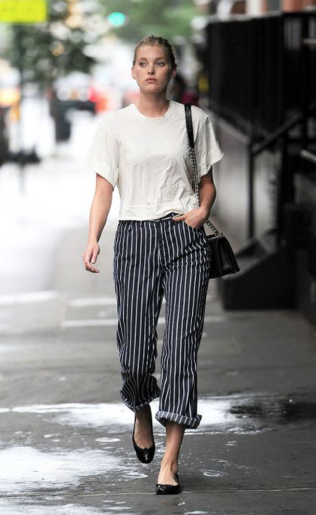 slouchy white tee with casual pinstriped pants